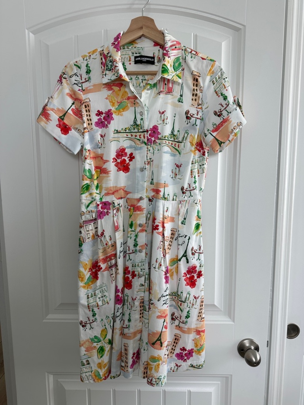 Karl Lagerfeld White Midi Shirt Dress with Multicolor Floral & Paris Print